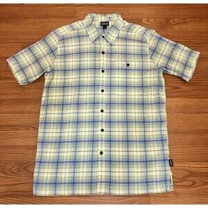 PATAGONIA A/C Green Blue White Plaid Seersucker Button Shirt Outdoor Men's Large